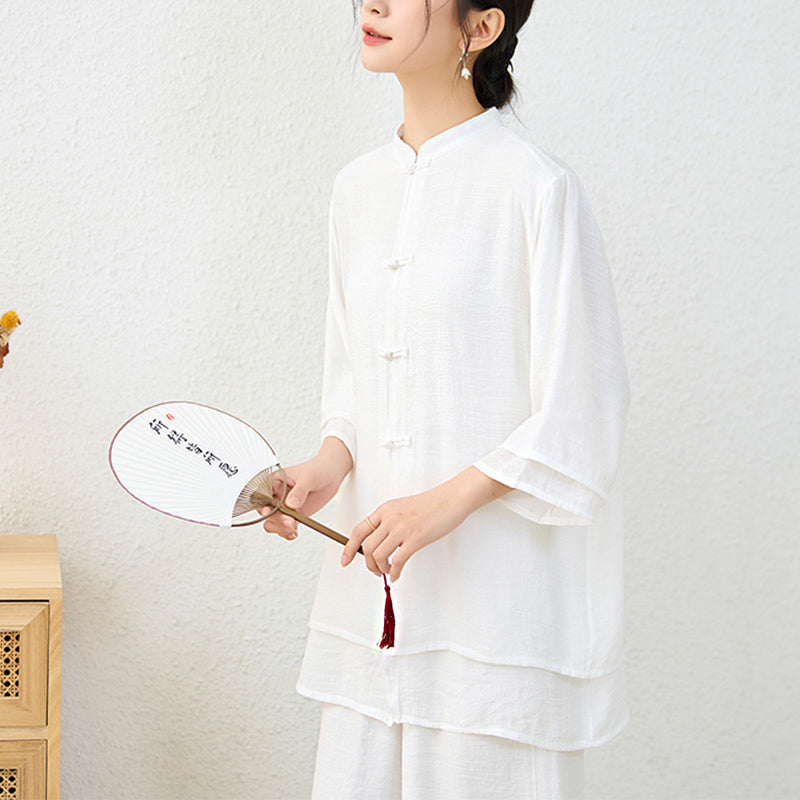 Buddha Stones 2-teiliges einfaches chinesisches Frosch-Knopf-Design, Oberteil, Hose, Meditation, Yoga, Zen, Tai Chi, Baumwollkleidung, Damen-Set - image 16