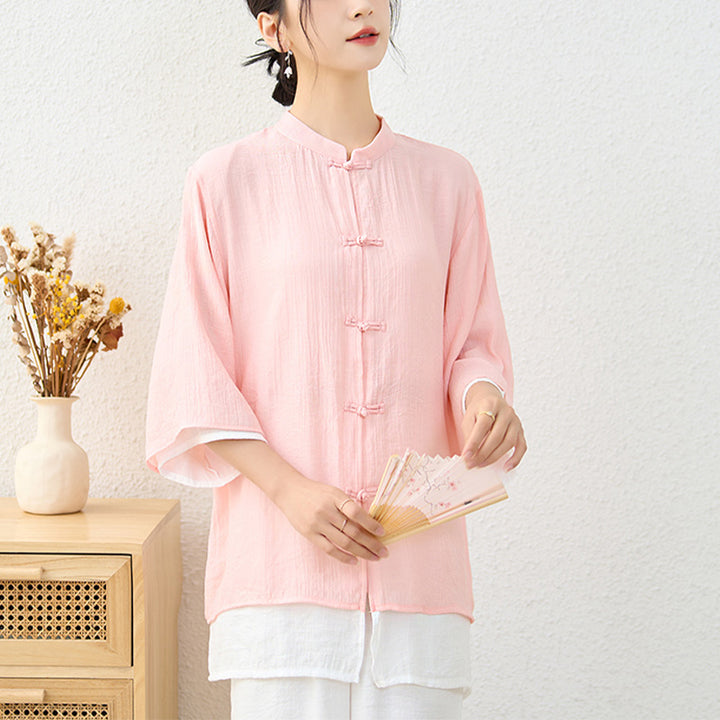 Buddha Stones 2-teiliges einfaches chinesisches Frosch-Knopf-Design, Oberteil, Hose, Meditation, Yoga, Zen, Tai Chi, Baumwollkleidung, Damen-Set - image 2