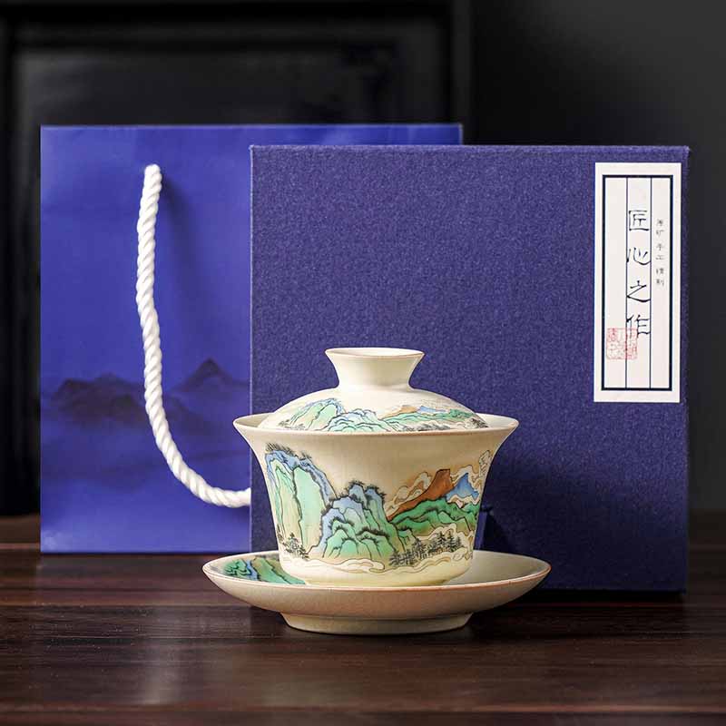 Buddha Stones Ein Panorama von Flüssen und Bergen Blumen Keramik Gaiwan Sancai Teetasse Kung Fu Teetasse und Untertasse mit Deckel - Panorama von Flüssen und Bergen, 12 cm x 9 cm x 100 ml, mit Geschenkbox - image 9