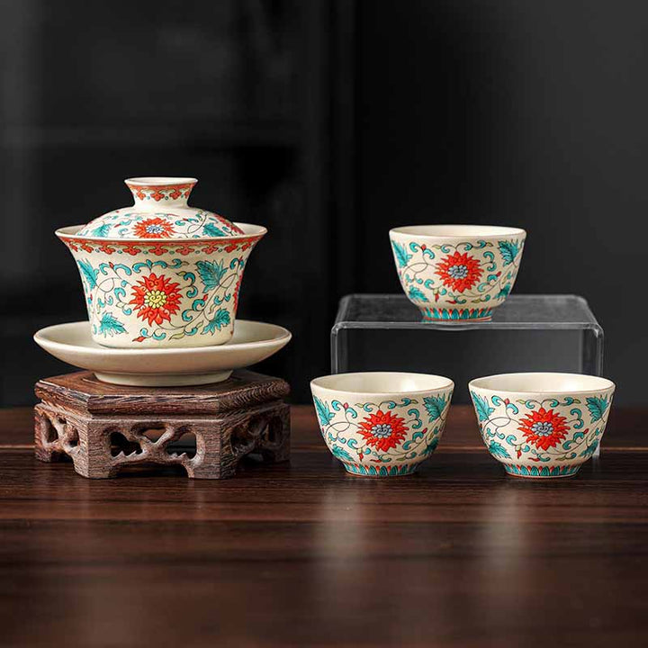 Buddha Stones Ein Panorama von Flüssen und Bergen Blumen Keramik Gaiwan Sancai Teetasse Kung Fu Teetasse und Untertasse mit Deckel - 4-teiliges Blumen-Set (1 Stück 12 cm x 9 cm x 100 ml & 3 Stück 6,5 cm x 4 cm x 40 ml) - image 14