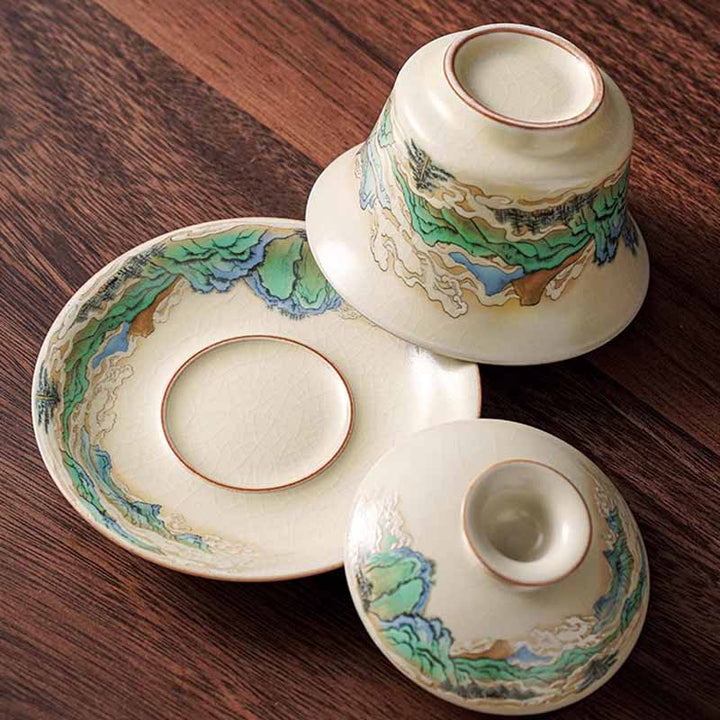 Buddha Stones Ein Panorama von Flüssen und Bergen Blumen Keramik Gaiwan Sancai Teetasse Kung Fu Teetasse und Untertasse mit Deckel - image 2