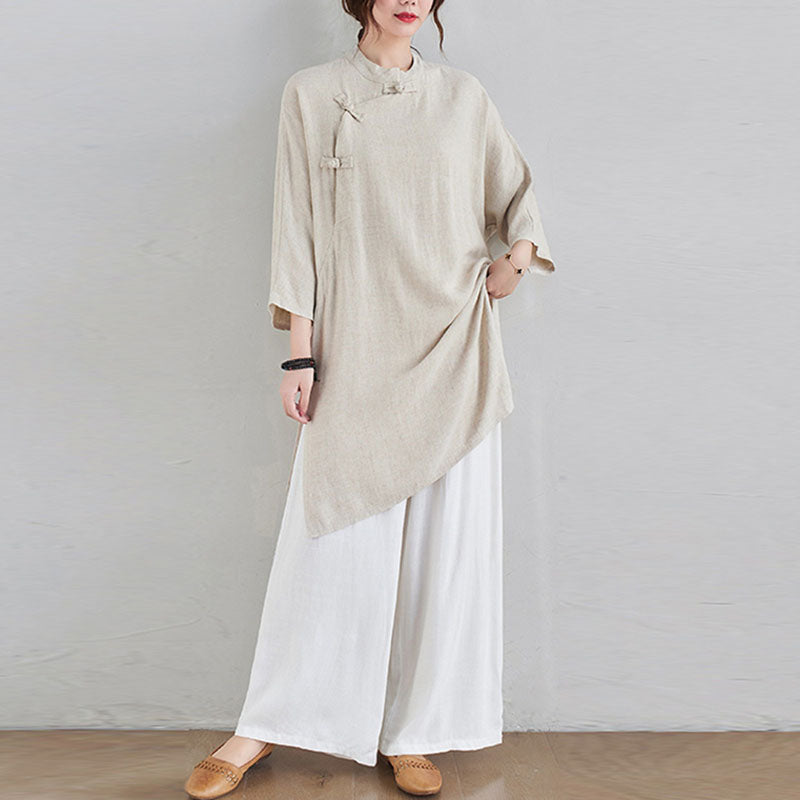 Buddha Stones 2-teiliges schlichtes Design Zen Tai Chi Meditationskleidung Baumwolle Leinen Top Hosen Damen Set - Beiges Oberteil und weiße Hose - US12， UK/AU16，EU44 (2XL) - image 0