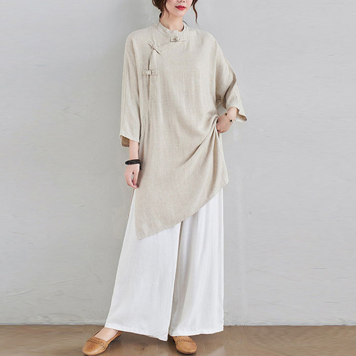 Buddha Stones 2-teiliges schlichtes Design Zen Tai Chi Meditationskleidung Baumwolle Leinen Top Hosen Damen Set - Beiges Oberteil und weiße Hose - US12， UK/AU16，EU44 (2XL) - image 0