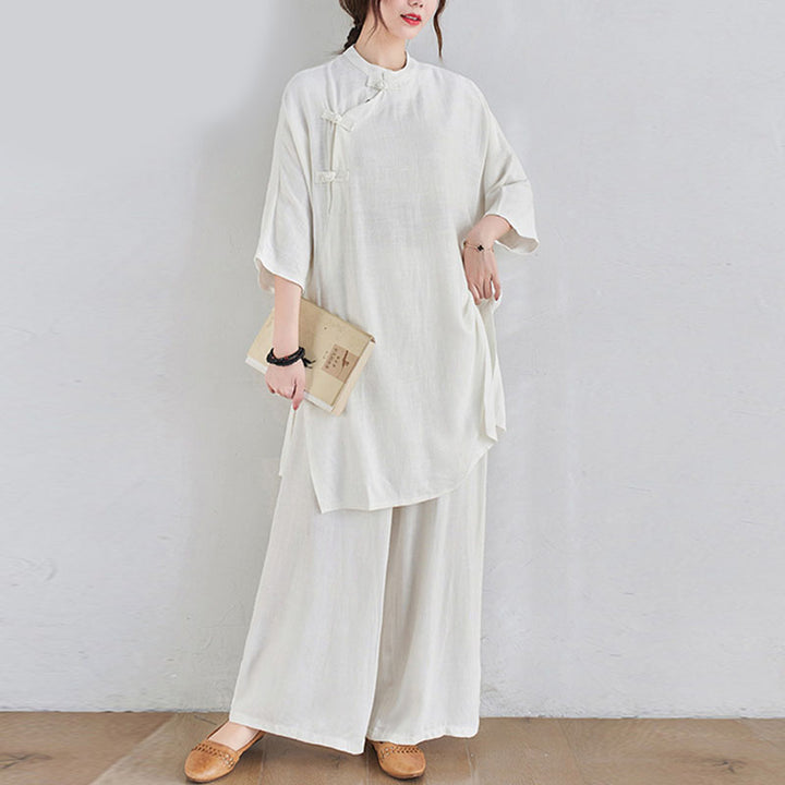 Buddha Stones 2-teiliges schlichtes Design Zen Tai Chi Meditationskleidung Baumwolle Leinen Top Hosen Damen Set - Weiß (Oberteil und Hose) - US12， UK/AU16，EU44 (2XL) - image 13