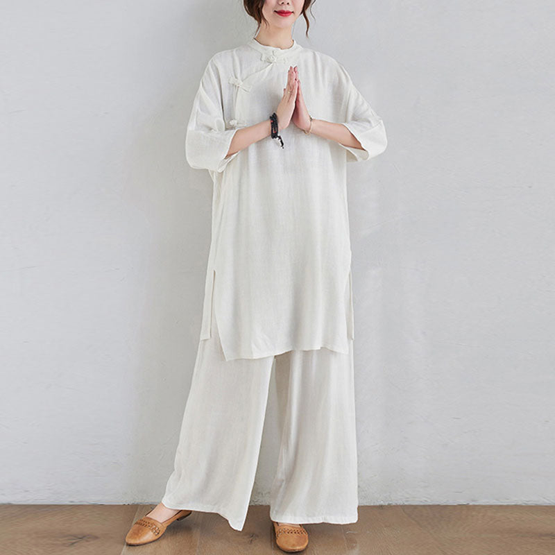 Buddha Stones 2-teiliges schlichtes Design Zen Tai Chi Meditationskleidung Baumwolle Leinen Top Hosen Damen Set - image 15