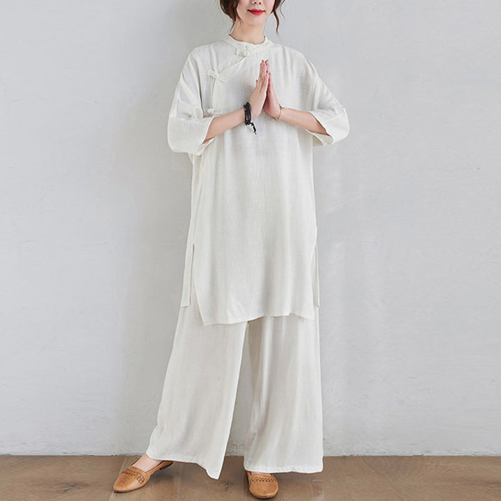 Buddha Stones 2-teiliges schlichtes Design Zen Tai Chi Meditationskleidung Baumwolle Leinen Top Hosen Damen Set - image 15