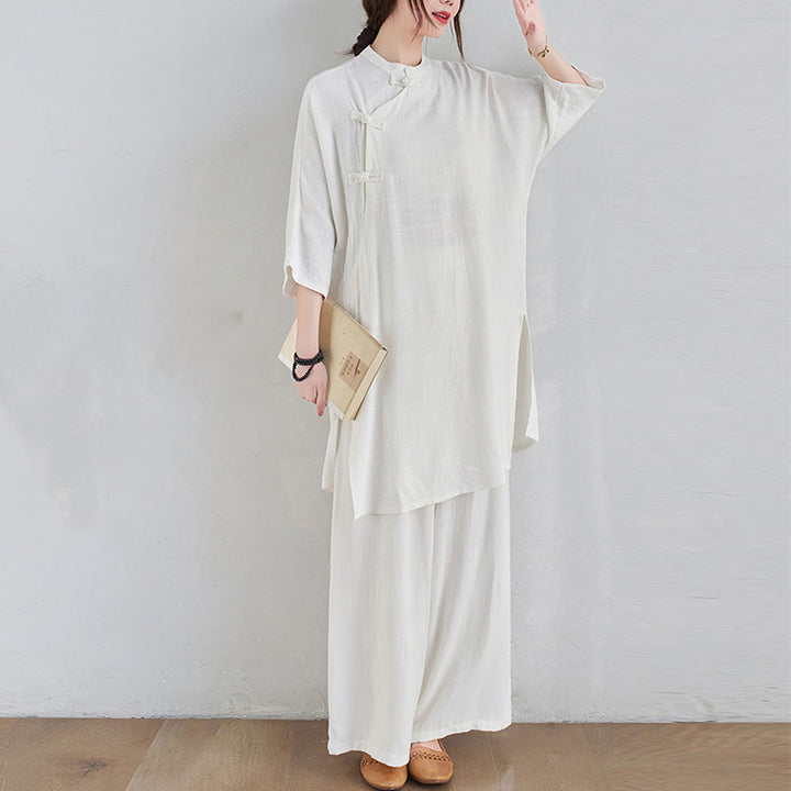 Buddha Stones 2-teiliges schlichtes Design Zen Tai Chi Meditationskleidung Baumwolle Leinen Top Hosen Damen Set - image 16