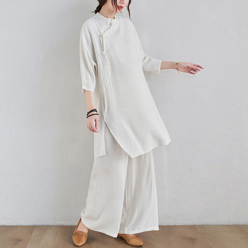 Buddha Stones 2-teiliges schlichtes Design Zen Tai Chi Meditationskleidung Baumwolle Leinen Top Hosen Damen Set - image 14