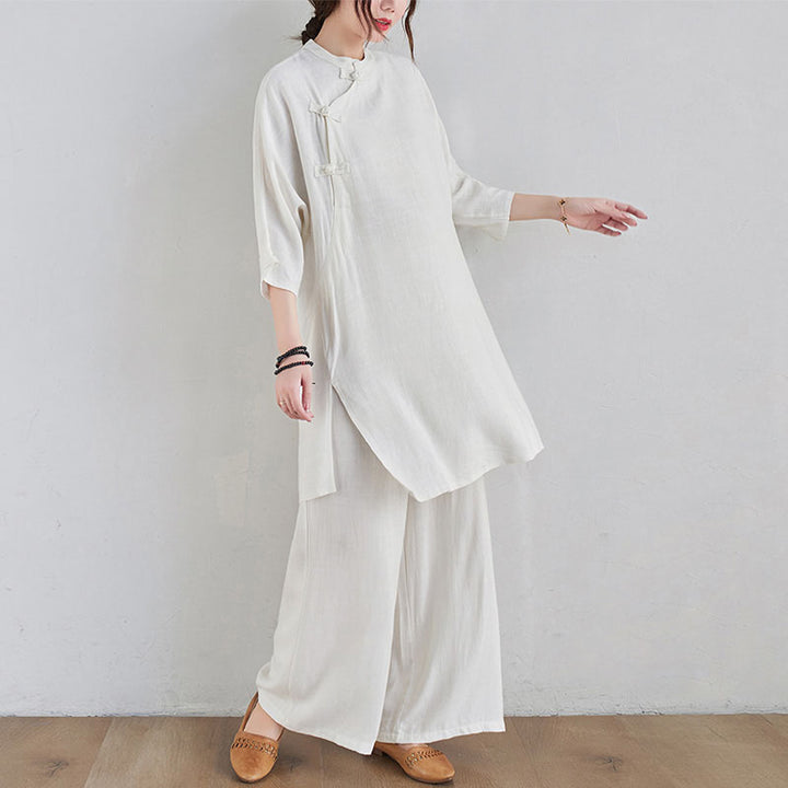 Buddha Stones 2-teiliges schlichtes Design Zen Tai Chi Meditationskleidung Baumwolle Leinen Top Hosen Damen Set - image 14