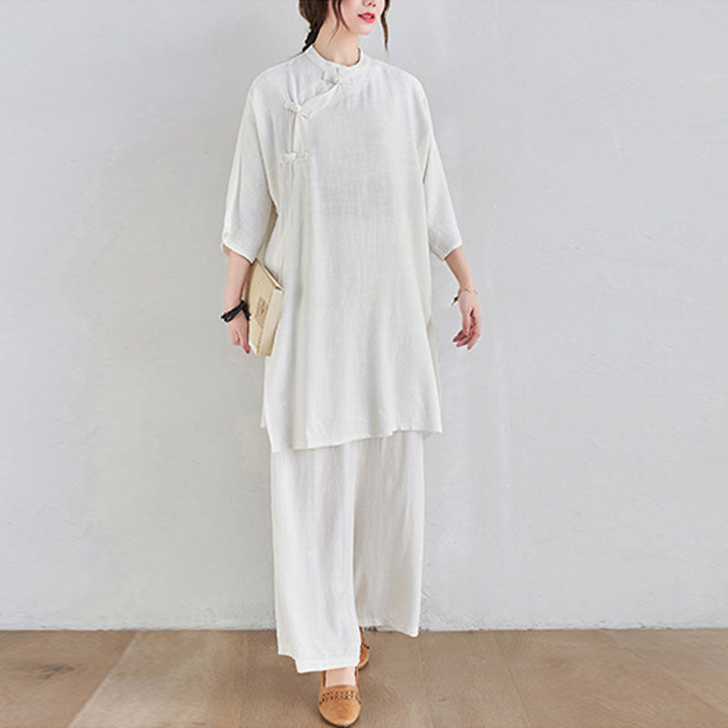 Buddha Stones 2-teiliges schlichtes Design Zen Tai Chi Meditationskleidung Baumwolle Leinen Top Hosen Damen Set - image 17