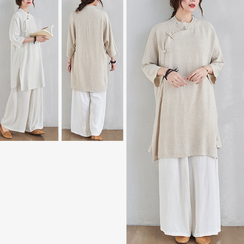 Buddha Stones 2-teiliges schlichtes Design Zen Tai Chi Meditationskleidung Baumwolle Leinen Top Hosen Damen Set - image 12