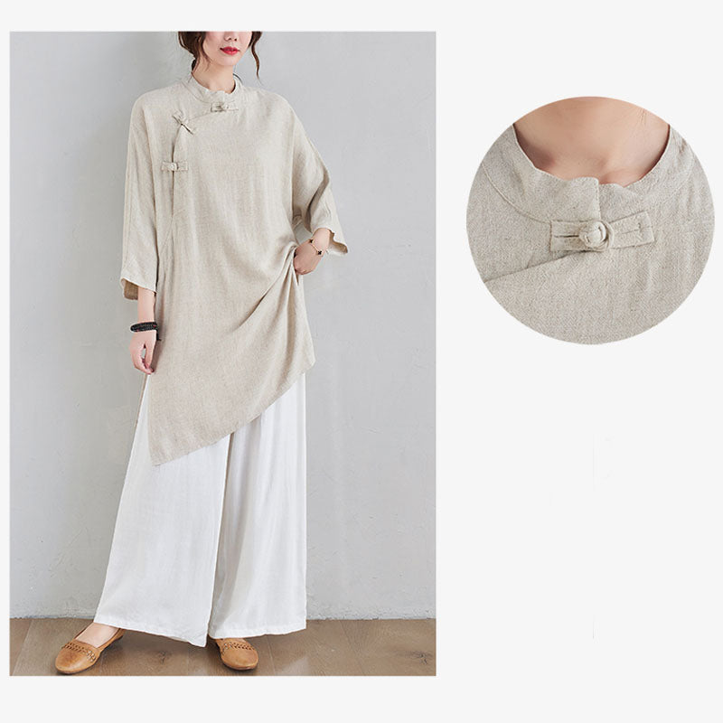 Buddha Stones 2-teiliges schlichtes Design Zen Tai Chi Meditationskleidung Baumwolle Leinen Top Hosen Damen Set - image 8