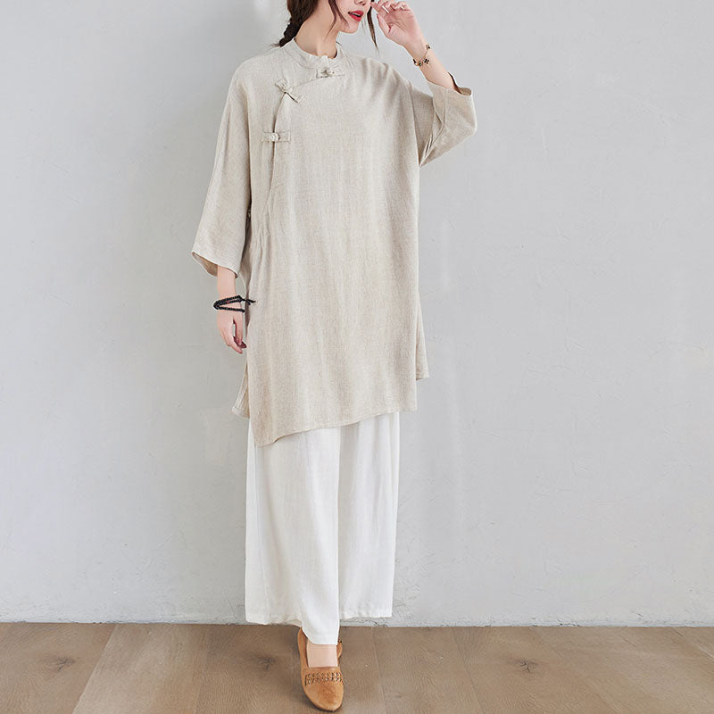 Buddha Stones 2-teiliges schlichtes Design Zen Tai Chi Meditationskleidung Baumwolle Leinen Top Hosen Damen Set - image 3