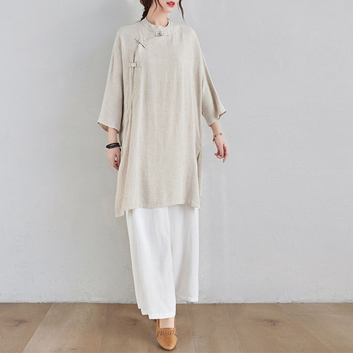 Buddha Stones 2-teiliges schlichtes Design Zen Tai Chi Meditationskleidung Baumwolle Leinen Top Hosen Damen Set - image 2