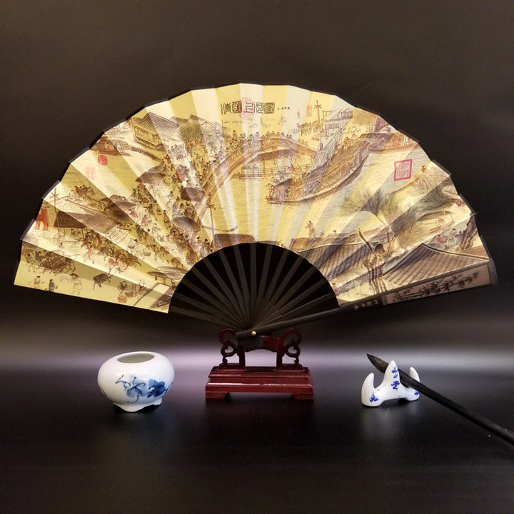 Buddha Stones, Große Mauer, Berge, Bäume, Kranich, Bambus, Hand-Faltfächer aus Bambus, 33,5 cm - Entlang des Flusses während des Qingming-Festivals 33,5 cm - image 17