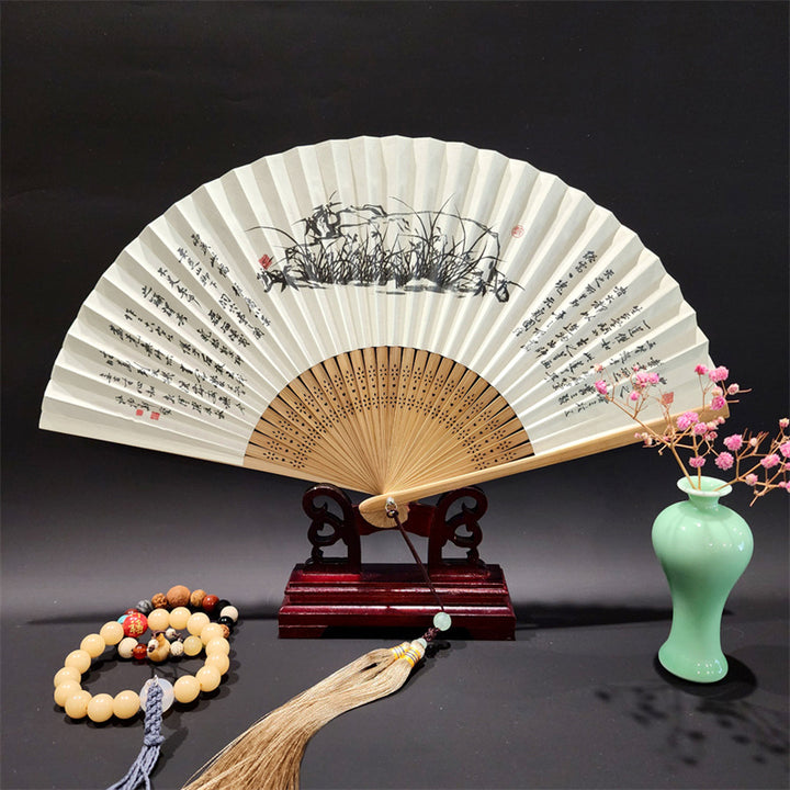 Buddha Stones, ein Panorama von Flüssen und Bergen, Kraniche, Orchideen, Blumen, Papier, Bambus, handgehaltener Seidenbambus-Faltfächer, 22 cm - Orchidee 22cm - image 4
