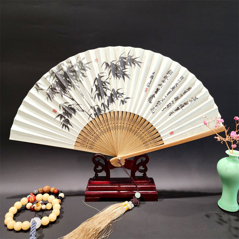 Buddha Stones, ein Panorama von Flüssen und Bergen, Kraniche, Orchideen, Blumen, Papier, Bambus, handgehaltener Seidenbambus-Faltfächer, 22 cm - Bambusblätter 22cm - image 9