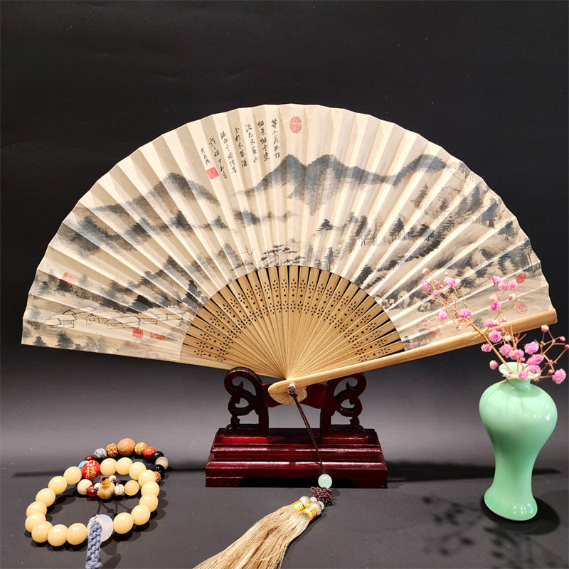 Buddha Stones, ein Panorama von Flüssen und Bergen, Kraniche, Orchideen, Blumen, Papier, Bambus, handgehaltener Seidenbambus-Faltfächer, 22 cm - Berge Wolken 22cm - image 10