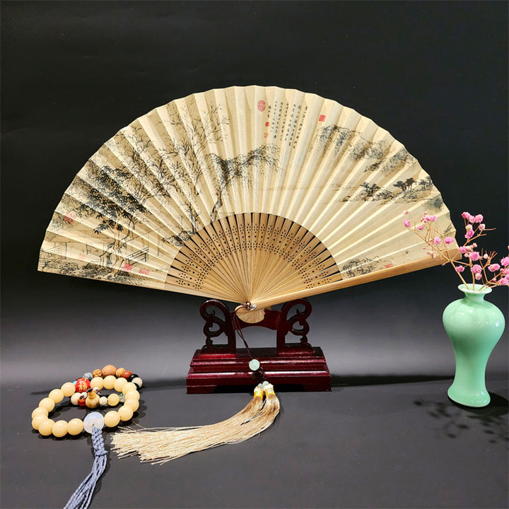 Buddha Stones, ein Panorama von Flüssen und Bergen, Kraniche, Orchideen, Blumen, Papier, Bambus, handgehaltener Seidenbambus-Faltfächer, 22 cm - Berge Bäume 22cm - image 11