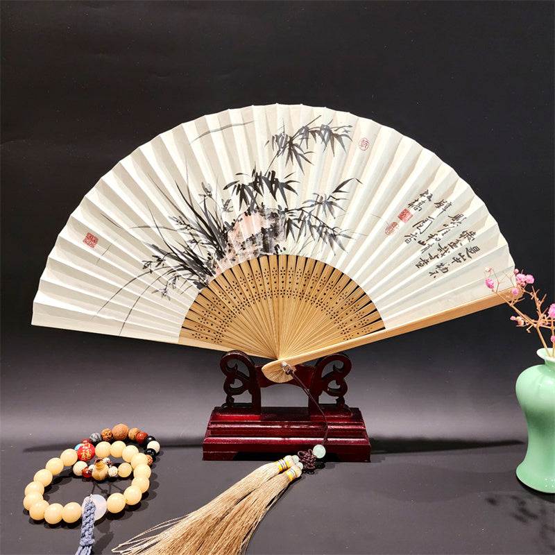 Buddha Stones, ein Panorama von Flüssen und Bergen, Kraniche, Orchideen, Blumen, Papier, Bambus, handgehaltener Seidenbambus-Faltfächer, 22 cm - Bambusgras 22 cm - image 12