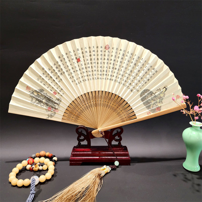 Buddha Stones, ein Panorama von Flüssen und Bergen, Kraniche, Orchideen, Blumen, Papier, Bambus, handgehaltener Seidenbambus-Faltfächer, 22 cm - Herz-Sutra 22cm - image 14