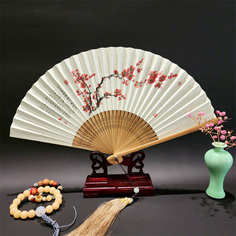 Buddha Stones, ein Panorama von Flüssen und Bergen, Kraniche, Orchideen, Blumen, Papier, Bambus, handgehaltener Seidenbambus-Faltfächer, 22 cm - Rote Blumen 22cm - image 16