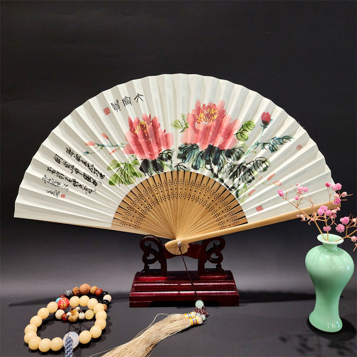 Buddha Stones, ein Panorama von Flüssen und Bergen, Kraniche, Orchideen, Blumen, Papier, Bambus, handgehaltener Seidenbambus-Faltfächer, 22 cm - Pfingstrosenblüte 22cm - image 17