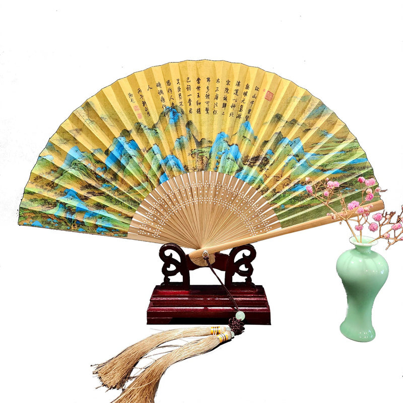 Buddha Stones, ein Panorama von Flüssen und Bergen, Kraniche, Orchideen, Blumen, Papier, Bambus, handgehaltener Seidenbambus-Faltfächer, 22 cm - image 1
