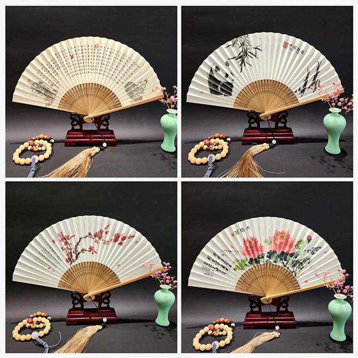 Buddha Stones, ein Panorama von Flüssen und Bergen, Kraniche, Orchideen, Blumen, Papier, Bambus, handgehaltener Seidenbambus-Faltfächer, 22 cm - image 17