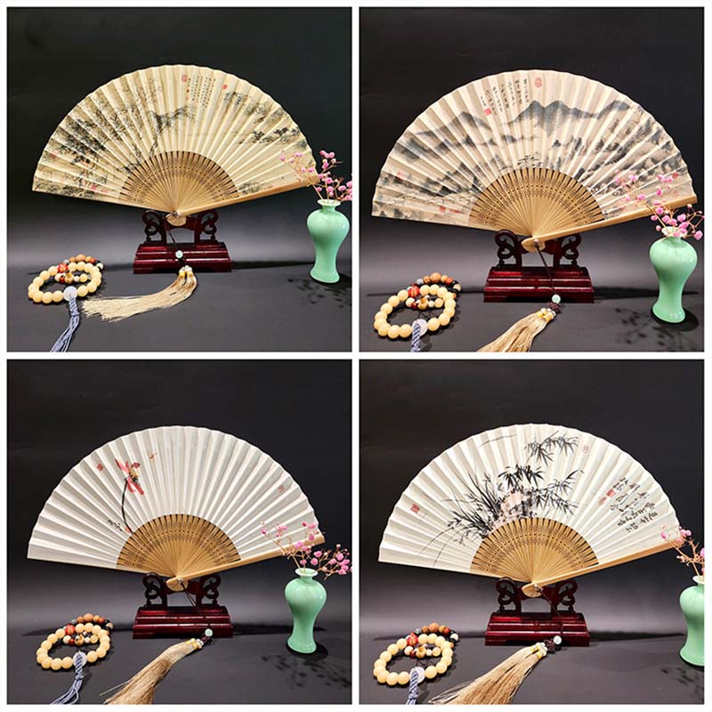 Buddha Stones, ein Panorama von Flüssen und Bergen, Kraniche, Orchideen, Blumen, Papier, Bambus, handgehaltener Seidenbambus-Faltfächer, 22 cm - image 19