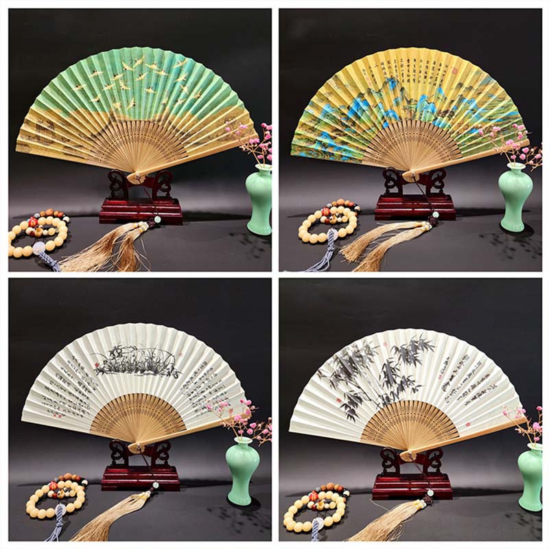 Buddha Stones, ein Panorama von Flüssen und Bergen, Kraniche, Orchideen, Blumen, Papier, Bambus, handgehaltener Seidenbambus-Faltfächer, 22 cm - image 20