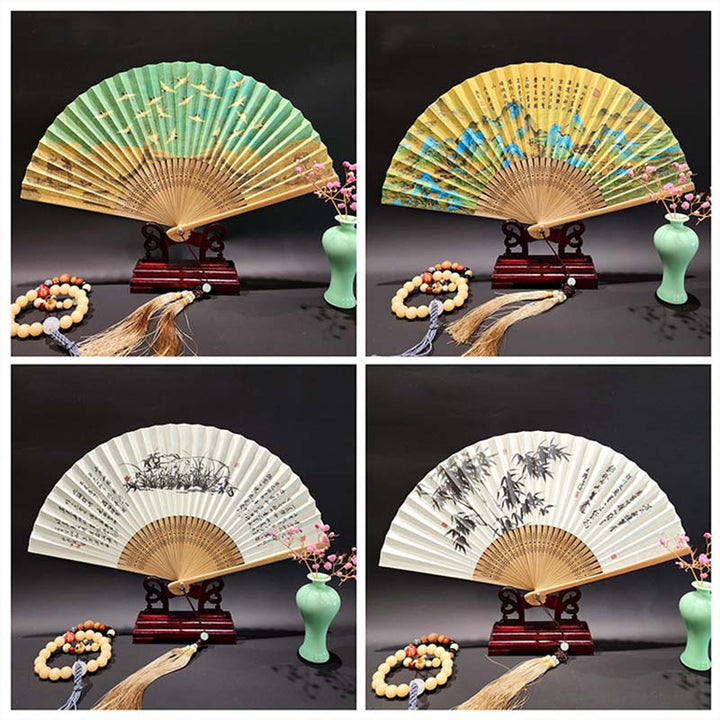 Buddha Stones, ein Panorama von Flüssen und Bergen, Kraniche, Orchideen, Blumen, Papier, Bambus, handgehaltener Seidenbambus-Faltfächer, 22 cm - image 20