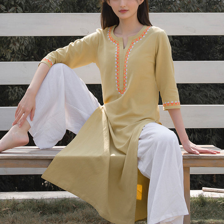 Buddha Stones, 2-teilig, V-Ausschnitt, Stickerei, Yoga-Kleidung, Zen-Meditation, Baumwolle, Leinen, Oberteil, Hose, Damen-Set - image 14