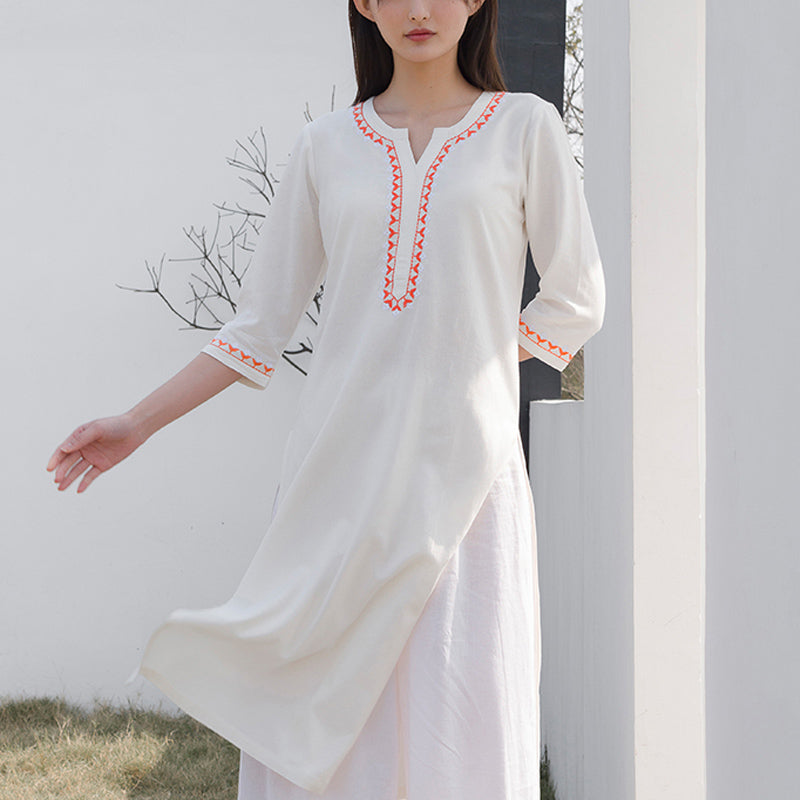 Buddha Stones, 2-teilig, V-Ausschnitt, Stickerei, Yoga-Kleidung, Zen-Meditation, Baumwolle, Leinen, Oberteil, Hose, Damen-Set - image 1