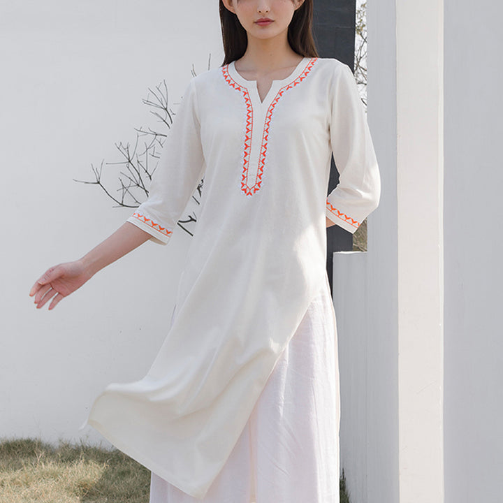 Buddha Stones, 2-teilig, V-Ausschnitt, Stickerei, Yoga-Kleidung, Zen-Meditation, Baumwolle, Leinen, Oberteil, Hose, Damen-Set - image 1