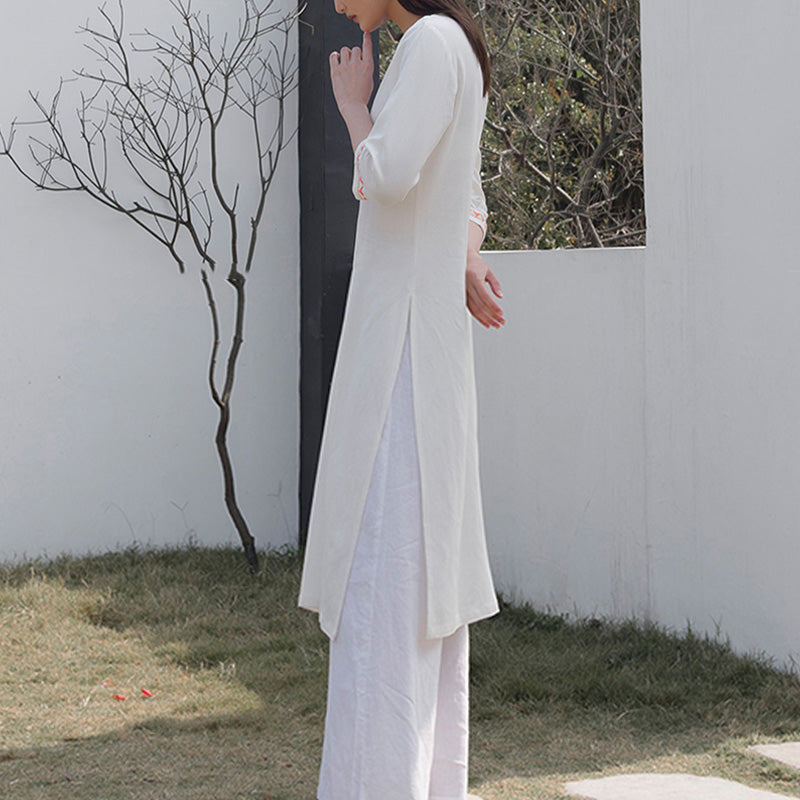 Buddha Stones, 2-teilig, V-Ausschnitt, Stickerei, Yoga-Kleidung, Zen-Meditation, Baumwolle, Leinen, Oberteil, Hose, Damen-Set - image 3