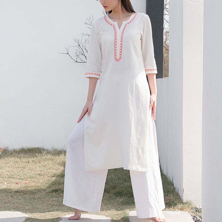 Buddha Stones, 2-teilig, V-Ausschnitt, Stickerei, Yoga-Kleidung, Zen-Meditation, Baumwolle, Leinen, Oberteil, Hose, Damen-Set - image 2