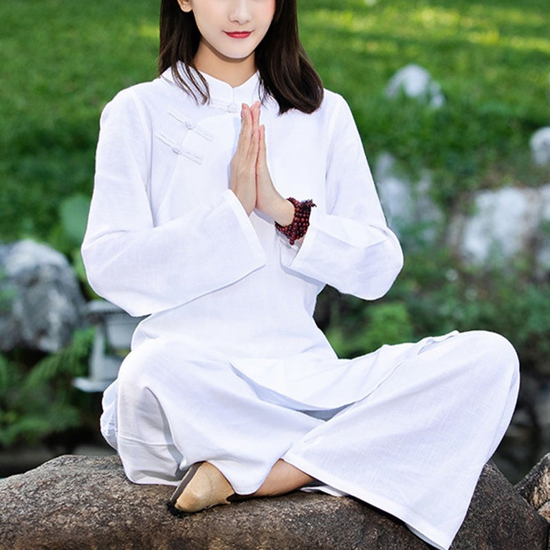 Buddha Stones 2-teiliges, schlichtes, langärmeliges Zen-Yoga-Kleidung, Meditationskleidung, Oberteil und Hose für Damen - image 1