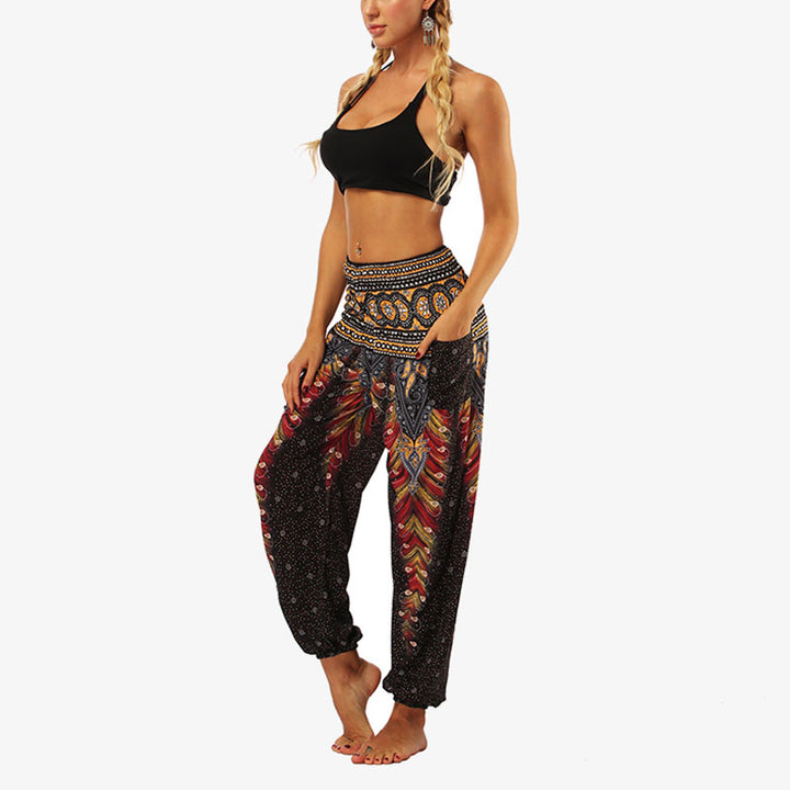 Buddha Stones Hippie-Hose, Baggy-Boho-Lounge-Hose mit hoher Taille und Taschen, Damen-Yogahose