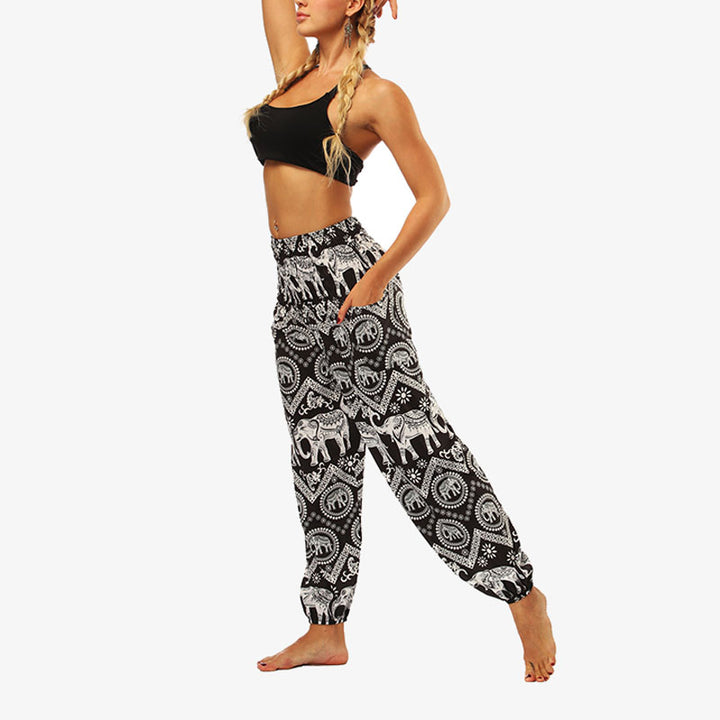 Buddha Stones Hippie-Hose, Baggy-Boho-Lounge-Hose mit hoher Taille und Taschen, Damen-Yogahose