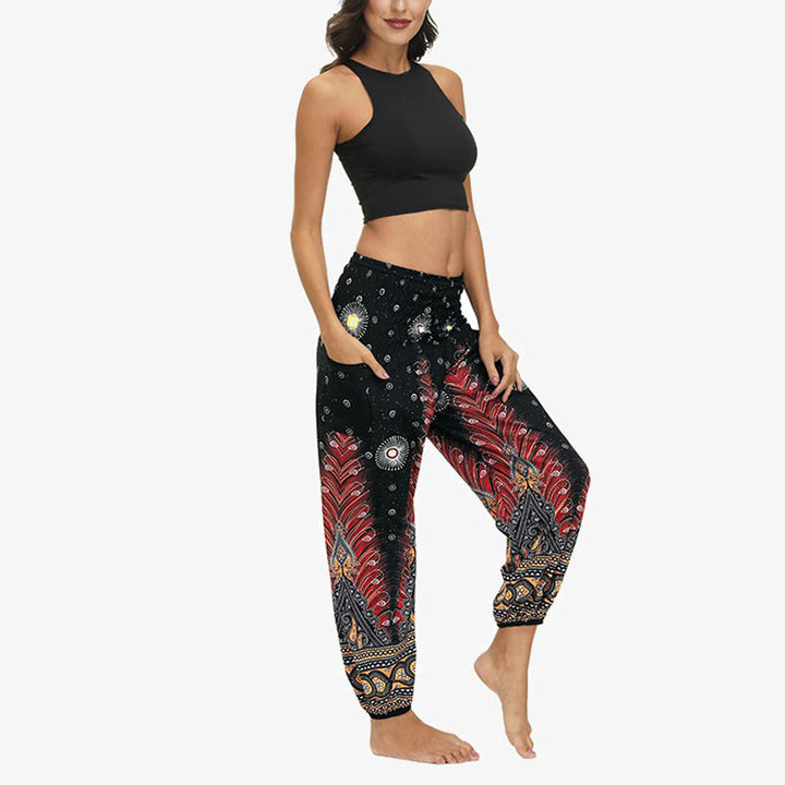 Buddha Stones Hippie-Hose, Baggy-Boho-Lounge-Hose mit hoher Taille und Taschen, Damen-Yogahose