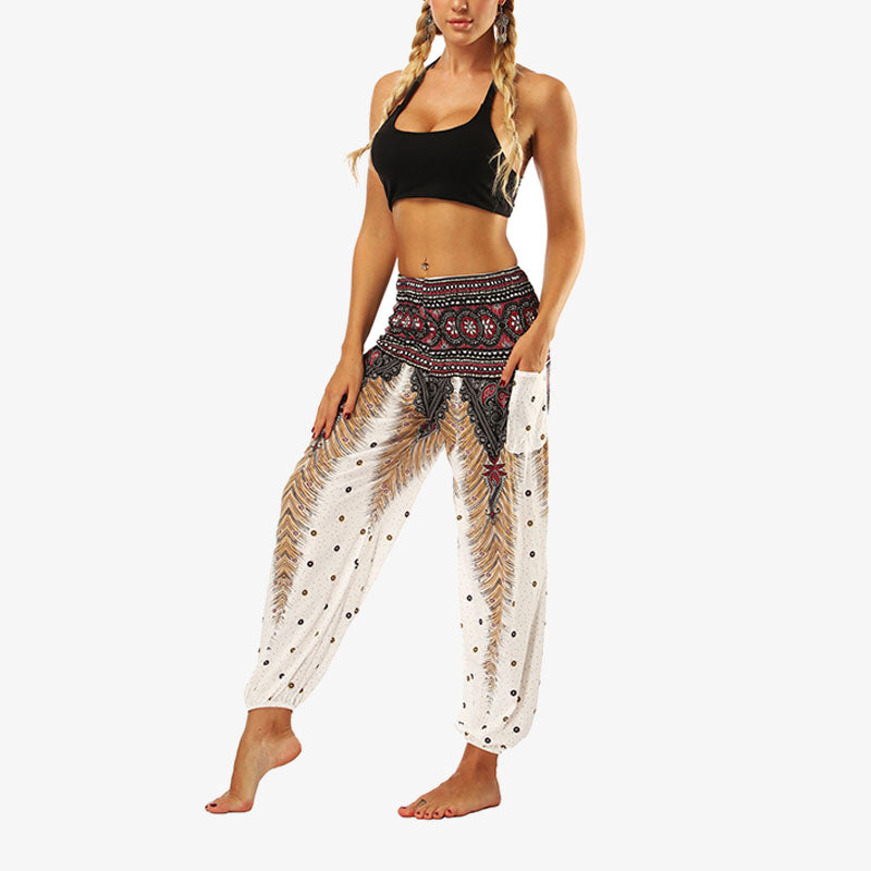 Buddha Stones Hippie-Hose, Baggy-Boho-Lounge-Hose mit hoher Taille und Taschen, Damen-Yogahose