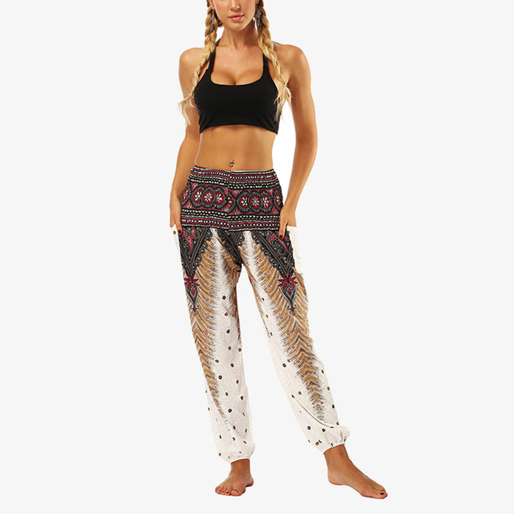 Buddha Stones Hippie-Hose, Baggy-Boho-Lounge-Hose mit hoher Taille und Taschen, Damen-Yogahose