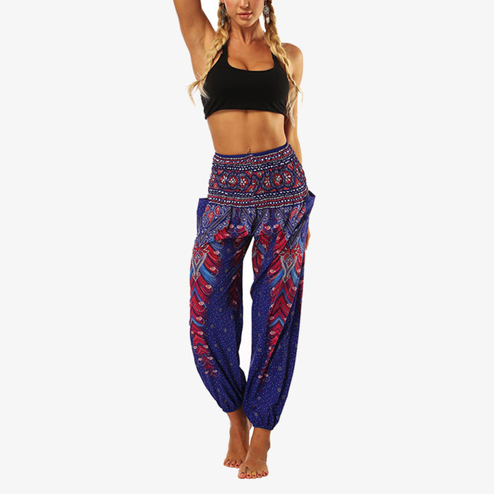 Buddha Stones Hippie-Hose, Baggy-Boho-Lounge-Hose mit hoher Taille und Taschen, Damen-Yogahose