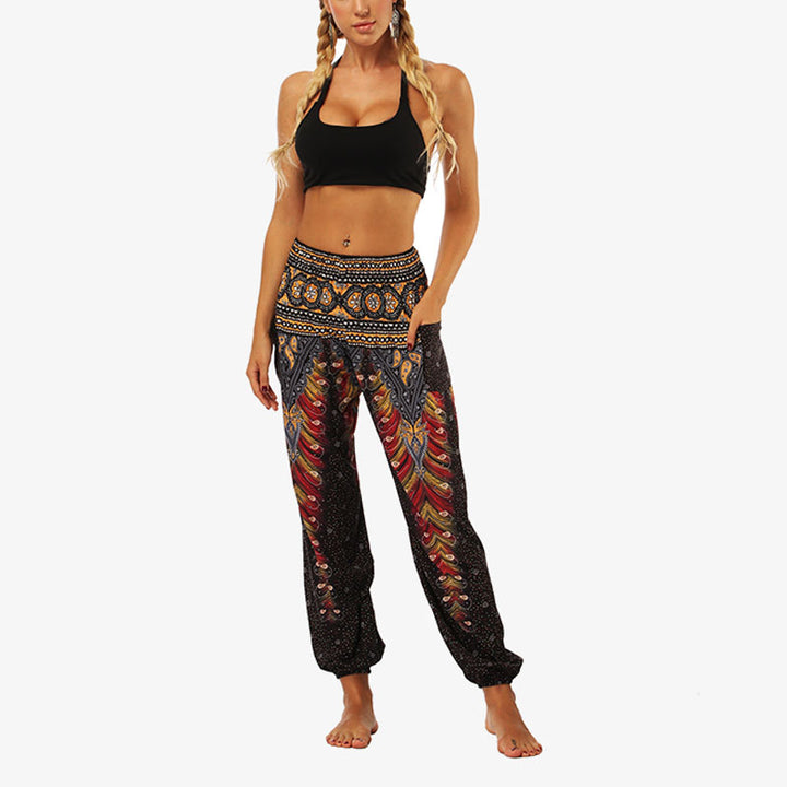 Buddha Stones Hippie-Hose, Baggy-Boho-Lounge-Hose mit hoher Taille und Taschen, Damen-Yogahose