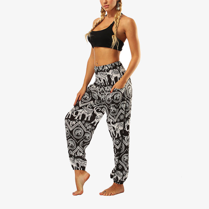 Buddha Stones Hippie-Hose, Baggy-Boho-Lounge-Hose mit hoher Taille und Taschen, Damen-Yogahose