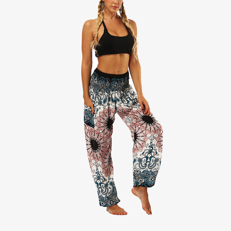 Buddha Stones Hippie-Hose, Baggy-Boho-Lounge-Hose mit hoher Taille und Taschen, Damen-Yogahose