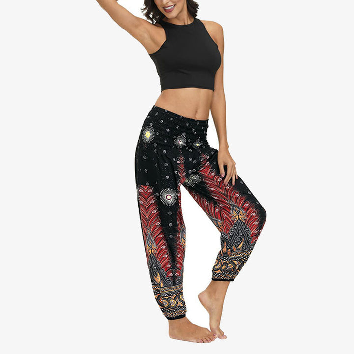 Buddha Stones Hippie-Hose, Baggy-Boho-Lounge-Hose mit hoher Taille und Taschen, Damen-Yogahose