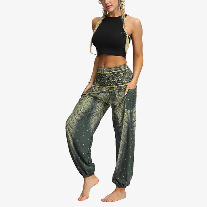 Buddha Stones Federdruck Hippie Baggy Hose Boho Hohe Taille mit Taschen Damen Yogahose