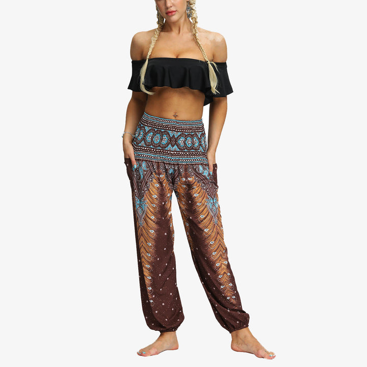 Buddha Stones Federdruck Hippie Baggy Hose Boho Hohe Taille mit Taschen Damen Yogahose